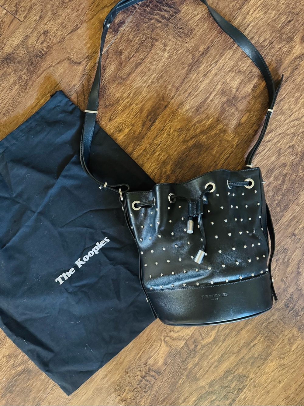 THE KOOPLES TINA Bag : Black Studded Leather Drawstring Shoulder Bag